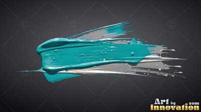 Thick teal and silver paint stroke against plain dark gray background