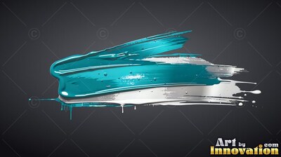 Swept horizontally across dark gray, thick teal and white paint with wet drips
