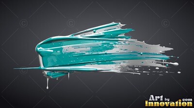 A thick swipe of glossy teal and white paint spreads across dark gray
