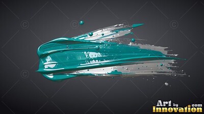 On a dark gray backdrop, a thick teal and silver paint streak runs across