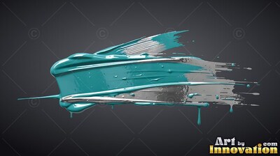 Wet bristle ridges define teal and silver paint swept over dark gray backdrop