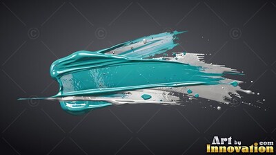 Thick teal and silver paint smears across dark gray, shining with glossy highlights