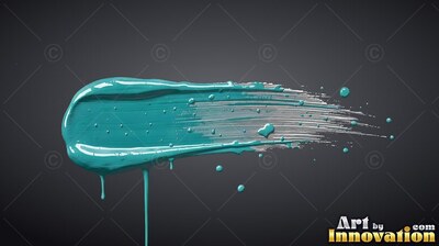 Stretching horizontally over dark gray space, a sweep of teal paint drips