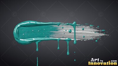 A horizontal teal brush stroke fades into silver with wet drips on gray