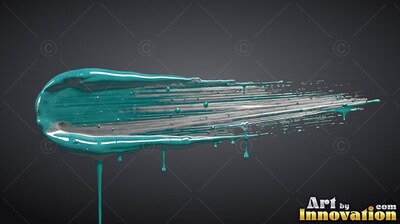 On a dark gray backdrop, a wet teal paint streak drips downward