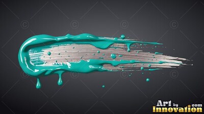 Dripping wet drops, a glossy teal paint smear layers over silver on dark gray