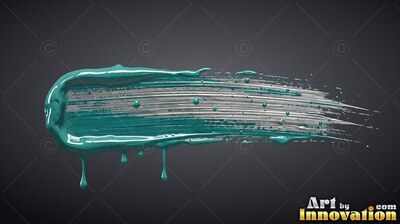 Dripping from its bottom edge, a wet teal paint smear sweeps on top of dark gray backdrop