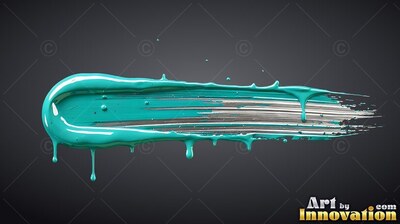 A teal paint stroke smears sideways with dripping edges, revealing glossy silver ridges