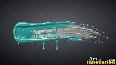 A horizontal stroke of dripping teal and silver paint across a dark backdrop