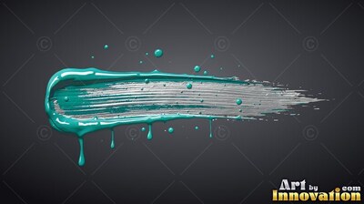 On a dark gray backdrop, a thick teal and silver paint streak drips downward