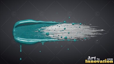 Sweeping across dark gray, a heavy stroke of teal paint fades into silver brush marks