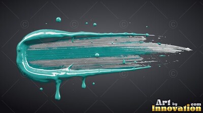 Teal and silver brush stroke with wet paint drips on black