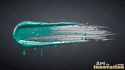 A thick brush stroke of wet teal paint with dripping drops rests on gray
