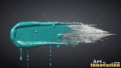 A teal brushstroke stretches across dark gray, dripping wet paint down the side