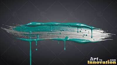 Stretched horizontally across a gray backdrop, silver and teal brushstrokes drip downward