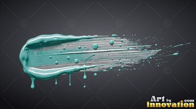 A thick stroke of wet teal paint drips across a plain dark slate background