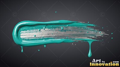 On a dark slate background, a thick smear of teal and silver paint drips downward