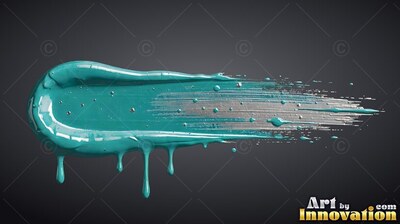 Dripping down a gray backdrop, a heavy teal paint stroke fades into silver bristles