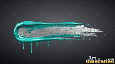 Teal paint dripping around a silver brush stroke on gray