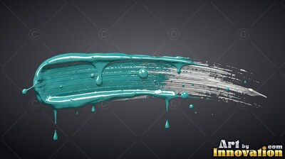 Thick teal paint dripping down across a silver brushstroke on dark gray