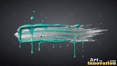 Teal paint drips over a silver brushstroke with shiny highlights on dark gray