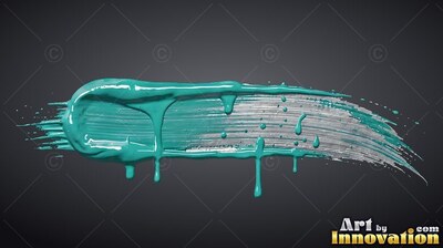 A swipe of wet teal and silver paint dripping against dark gray