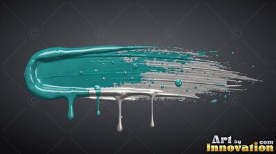 Against dark gray background, a thick teal and silver paint streak drips down