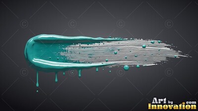 Dripping down a gray backdrop, a thick teal brushstroke reveals silver bristles underneath