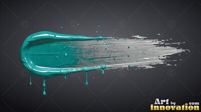 A teal and white paint smear dripping on dark gray