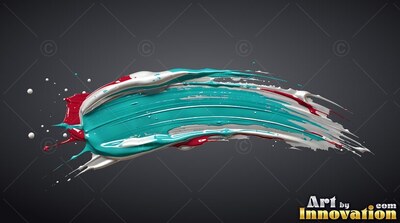 Wet bristle ridges on a sweeping teal and white paint stroke over a dark gray background