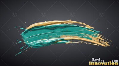 A stroke of teal paint curves across dark gray, rimmed with glossy beige edges