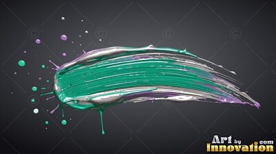 Curving horizontally across a deep gray background, a thick teal brushstroke drips