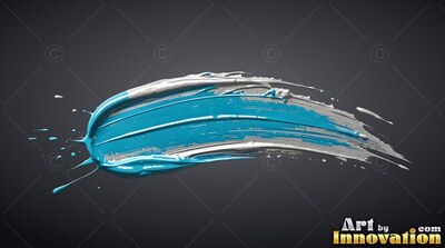 A thick smear of wet blue and white paint sweeps against dark gray backdrop