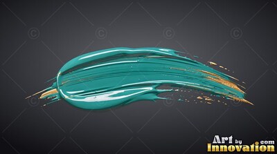 Against a dark gray background, a glossy teal paint stroke is tipped with gold