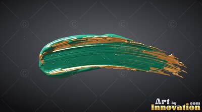 Sweeping across dark gray, a thick teal paint stroke is streaked with bright gold