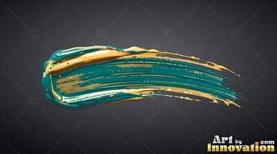 Thick wet teal and gold paint stroke across a dark gray surface