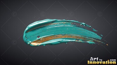 Thick ridged teal paint with streaks of gold sweeps on top of dark gray surface