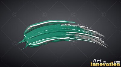 A stroke of teal paint curves across dark gray, reflecting bright white light along its wet ridges