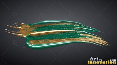 Stretched horizontally across dark gray, a thick teal brushstroke layered with gold