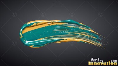 A thick smear of glossy teal and yellow paint sweeps over a dark gray backdrop