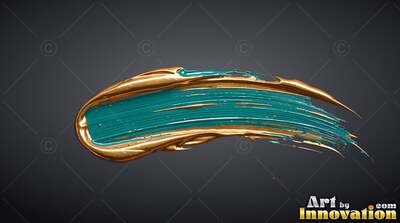 Against a dark slate background, a teal brushstroke is edged in shiny gold liquid