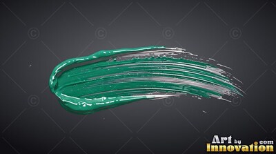 Curving on top of dark gray backdrop, a thick teal brushstroke shows wet ridges