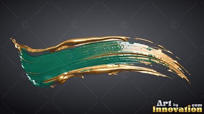 Curved teal and metallic gold paint stroke on dark gray surface