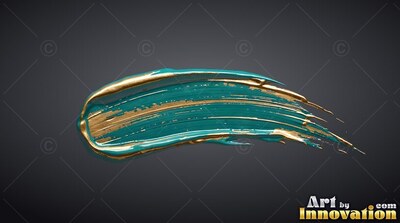 A thick teal paint stroke curves across a dark surface, layered with bright gold ridges