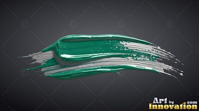 Swept sideways on a dark gray surface, rich teal paint coats a silver brushstroke