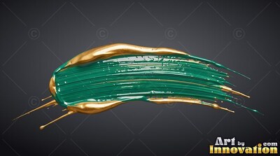 A thick smear of wet teal paint edged with shiny gold against dark gray