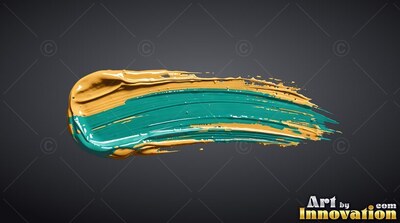 On a deep gray background, a thick stroke of teal and yellow paint spreads across
