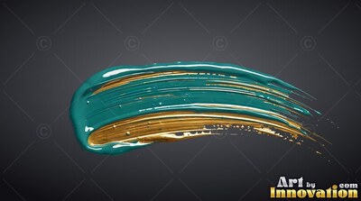 Curving horizontally, a thick brushstroke of teal and metallic gold paint sits on gray