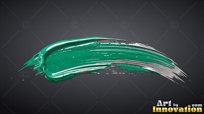 A curved teal and silver paint stroke across gray background