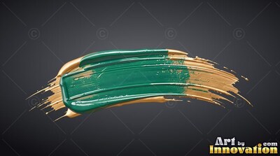 Thick bristle texture marks a green and gold paint stroke over dark gray space